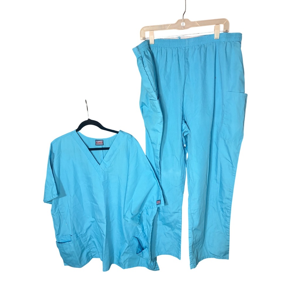 Cherokee Workwear Scrub Set Turquoise Blue V-Neck Top Elastic Pants 2XL 4200